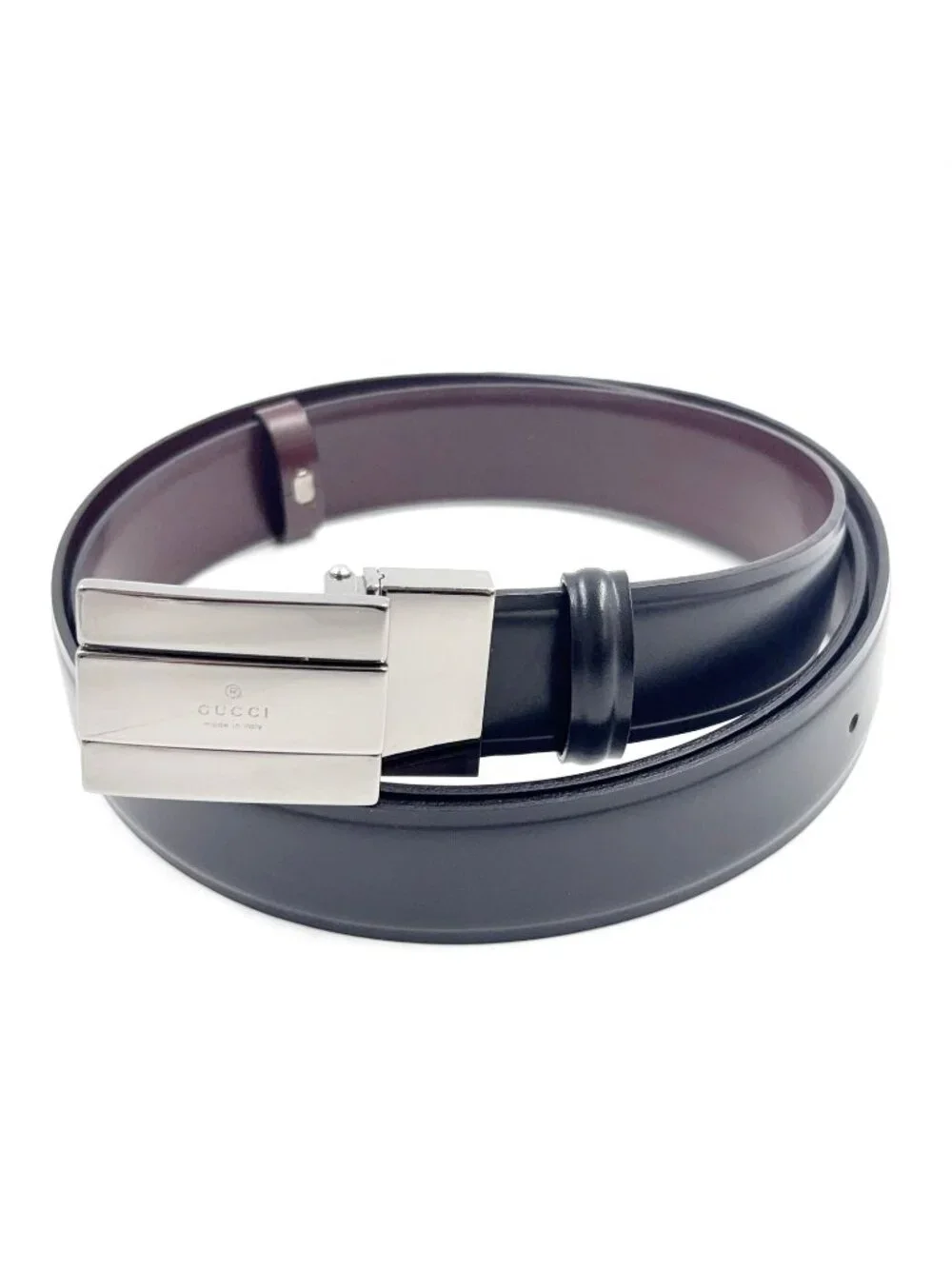 Gucci Square Buckle Leather Black Bordeaux Belt Silver
